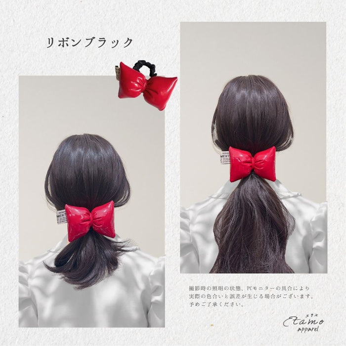 リボン ヘアゴム レッド シルバー ブラック