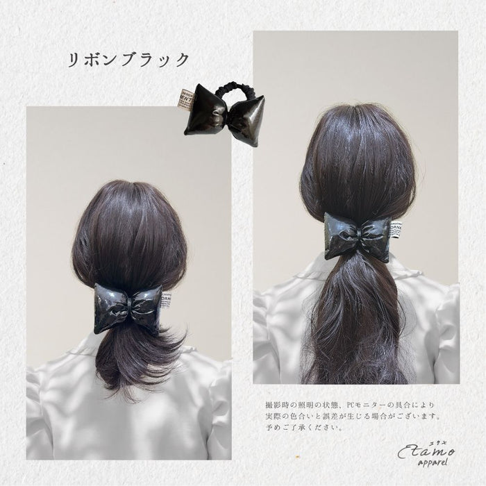 リボン ヘアゴム レッド シルバー ブラック