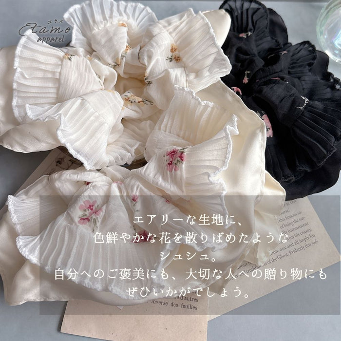 シュシュ 花柄 ホワイト ブラック
