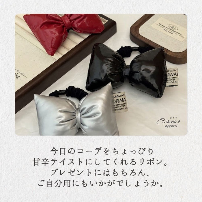 リボン ヘアゴム レッド シルバー ブラック