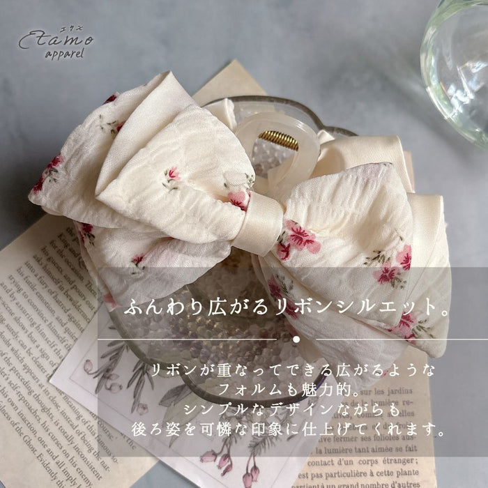 ヘアクリップ バンス リボン 花柄 オフホワイト