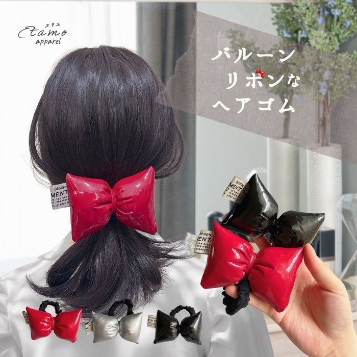 リボン ヘアゴム レッド シルバー ブラック