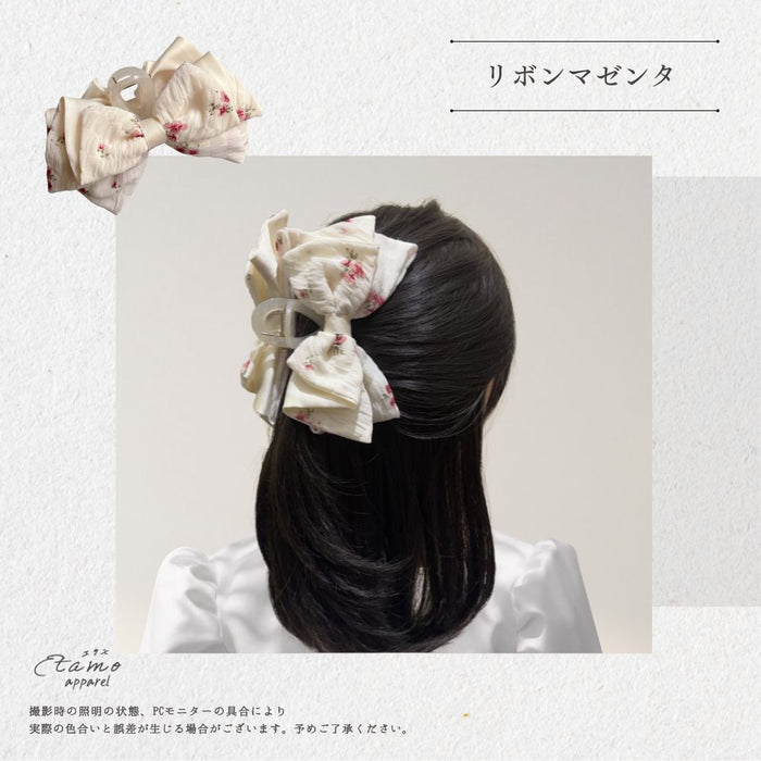 ヘアクリップ バンス リボン 花柄 オフホワイト