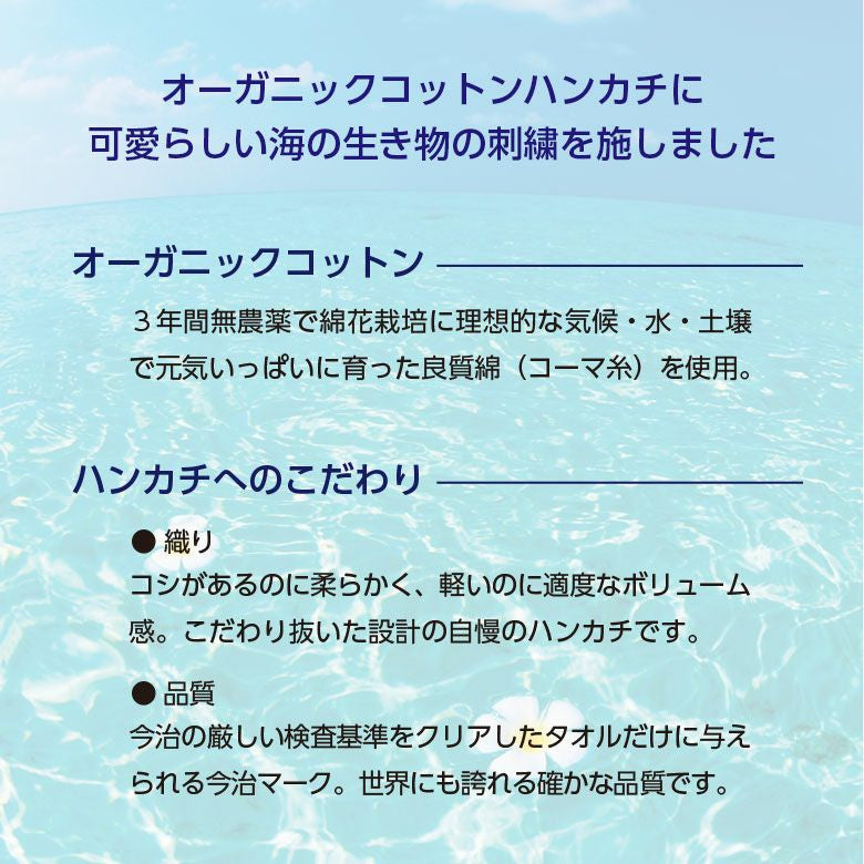 国産 今治タオルハンカチ オーガニックコットン 水族館 海 アザラシ ペンギン メンダコ クラゲ カワウソ チンアナゴ サメ ジンベエザメ シロクマ イルカ ウーパールーパー ウミウシ