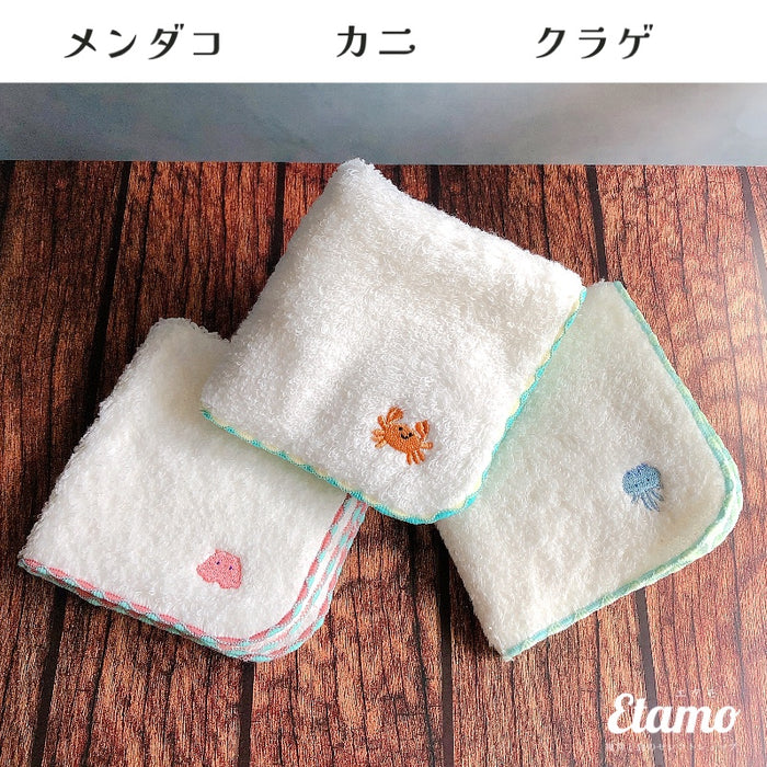 国産 ふわふわ 刺繍 タオルハンカチ メンダコ カニ ウーパールーパー クリオネ サメ クラゲ エイ ペンギン シバイヌ