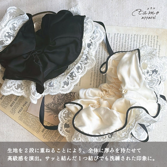 リボン付き シュシュ オフホワイト ブラック