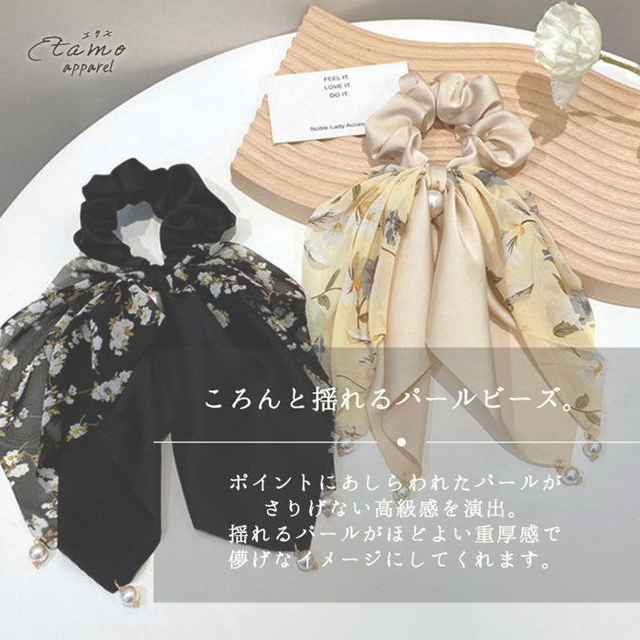 シュシュ リボン 花柄 パール ホワイト ブラック